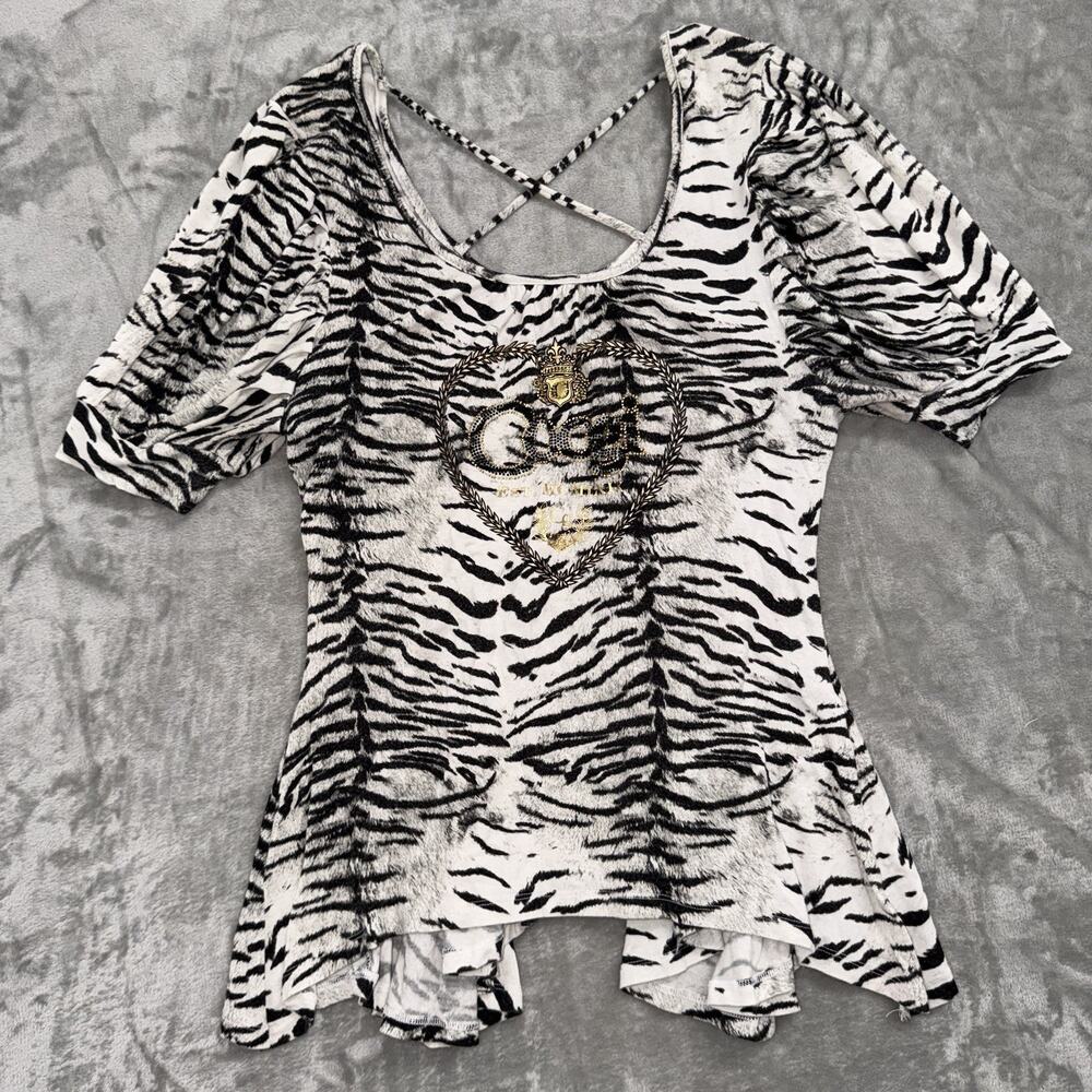 Vintage Y2K Coogi Zebra Print Rhinestone Logo Top L Strappy Cross Back
